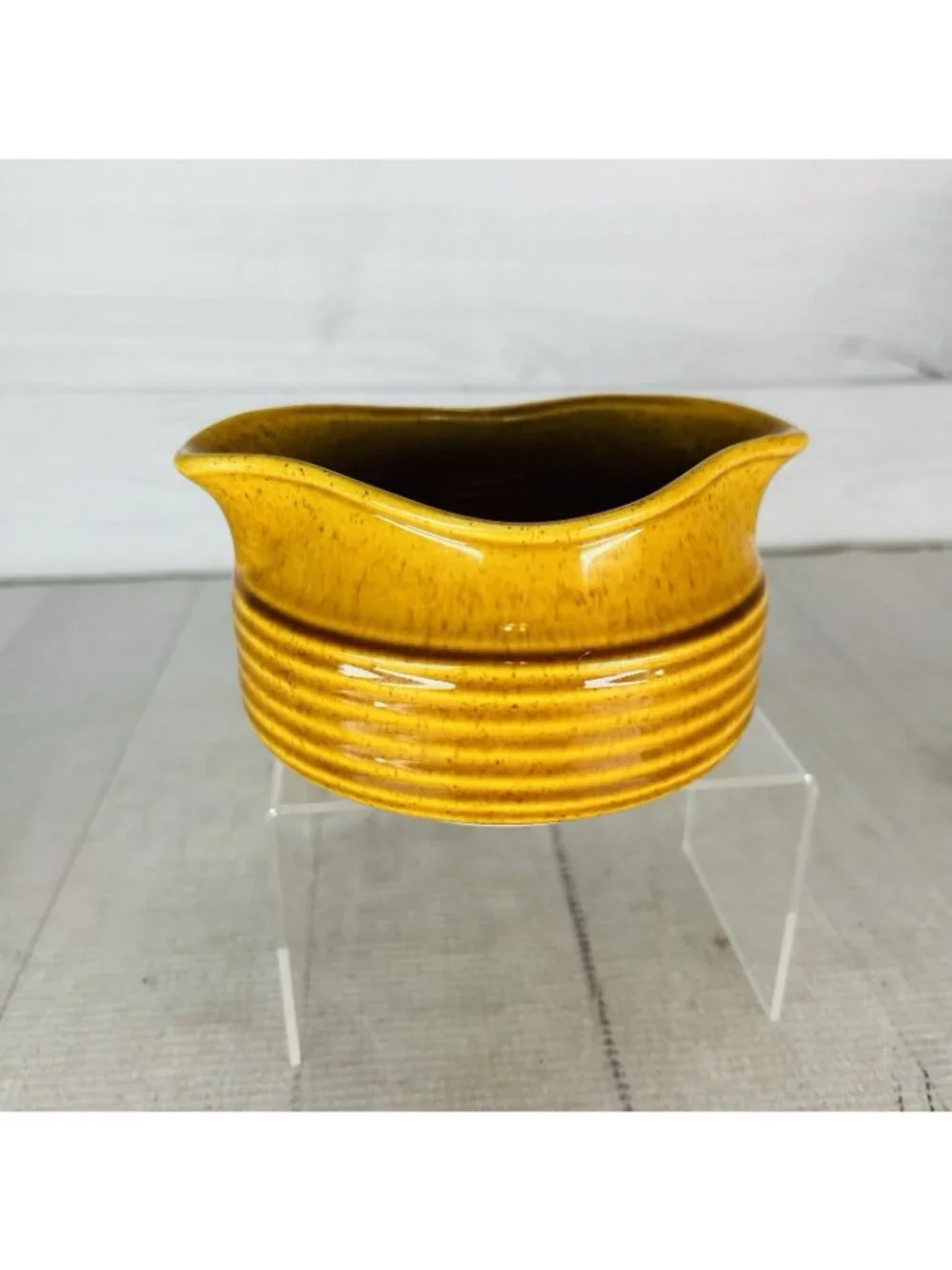 Vintage Golden Brown Glazed Speckled Mid-Century Style Twin Spout Gravy Boat